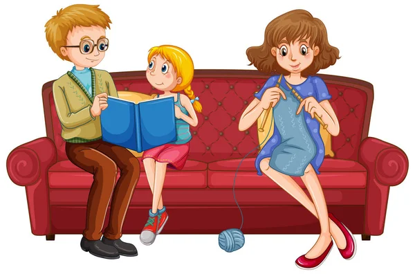 Father Reading Story Little Girl Mother Knitting Illustration — Stock Vector