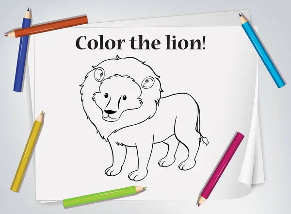 Illustration Feuille Calcul Enfants Lion Coloriage — Image vectorielle