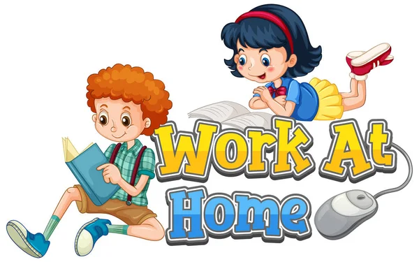 Junge Und Mädchen Mit Arbeit Hause Zeichen Illustration — Stockvektor