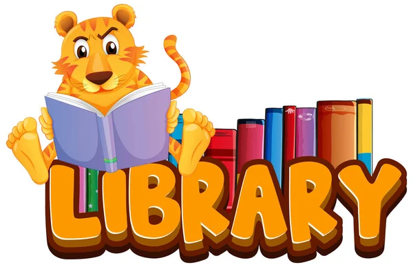 Projektowanie Czcionki Dla Word Library Tiger Reading Book Illustration — Wektor stockowy