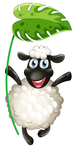 Beyaz Arkaplanda Büyük Yeşil Bir Yaprak Tutan Sevimli Koyunlar — Stok Vektör
