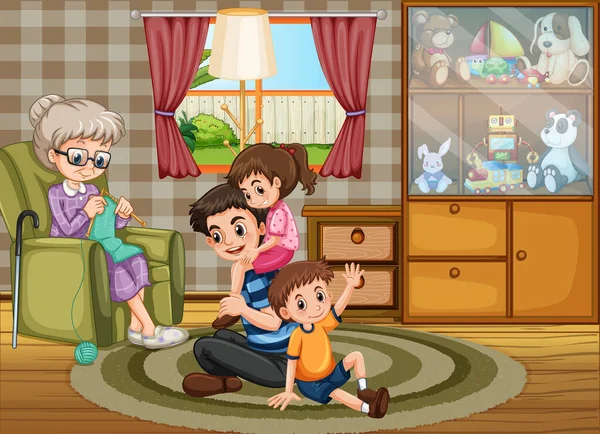 Gelukkige Familie Quarantaine Thuis Illustratie — Stockvector