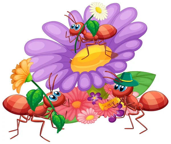 Ameisen Mit Schöner Blumenillustration — Stockvektor
