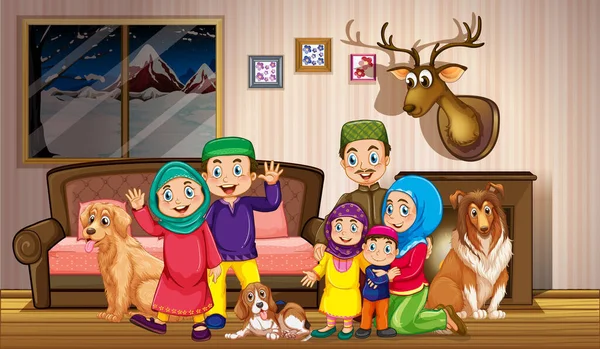 Família Muçulmana Casa Ilustração — Vetor de Stock