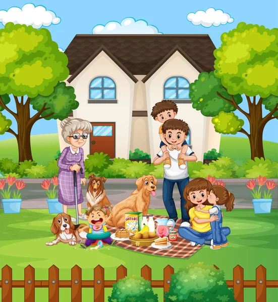 Membre Famille Personnage Dessin Animé Dans Illustration Jardin — Image vectorielle
