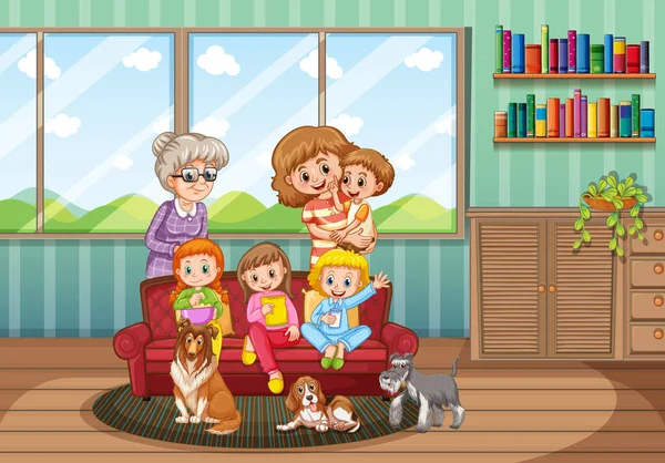 Family Member Cartoon Character Living Room Illustration — Stock Vector