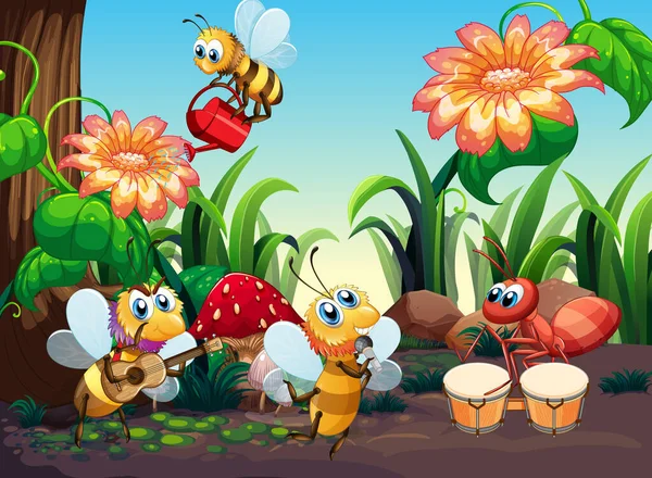 Bee Muziek Band Spelen Natuur Illustratie — Stockvector