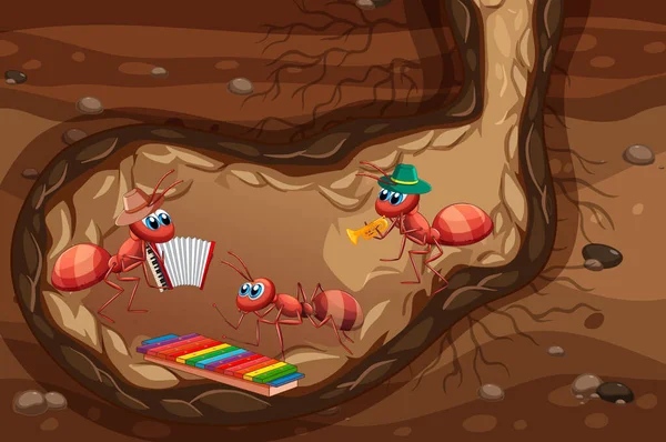 Podzemní Scéna Mravenci Hrající Nástroj Ilustrace — Stockový vektor