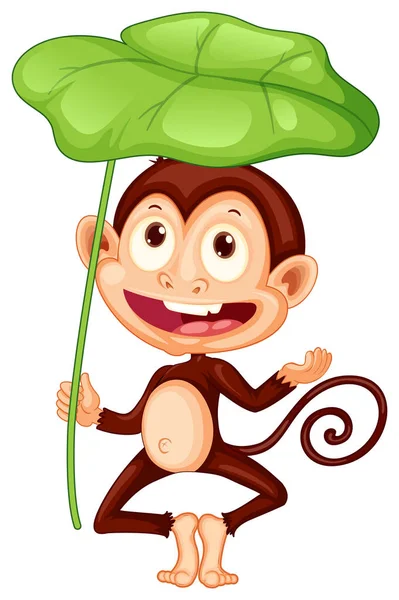 Cute Monkey Holding Big Leaf White Background Illustration — Stock Vector