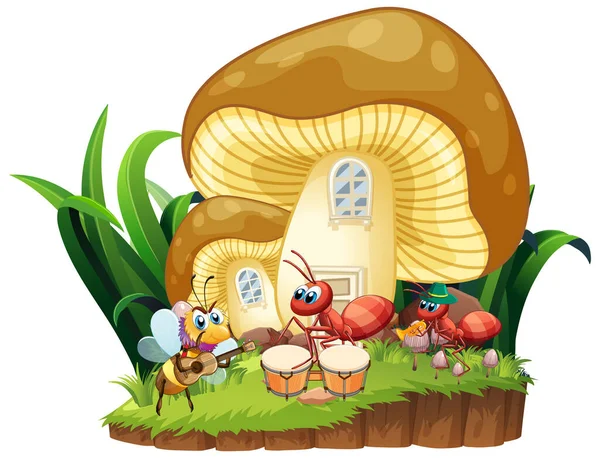 Insect Musical Band Playing Mushroom Fairy House Illustration — Stock Vector