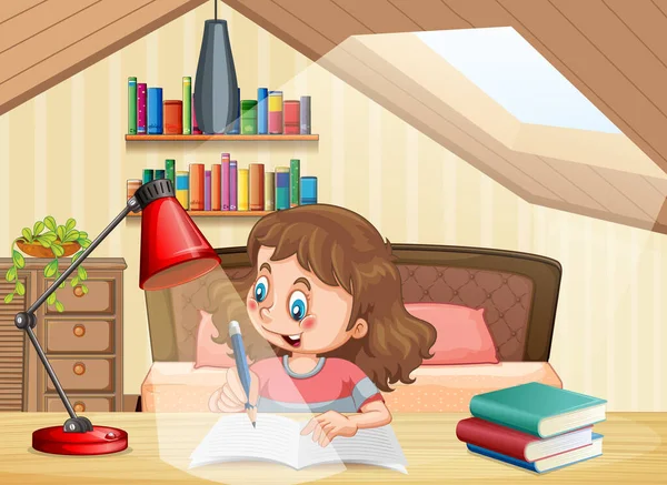 Ένα Κορίτσι Που Μαθαίνει Στην Απεικόνιση Του Υπνοδωματίου — Διανυσματικό Αρχείο