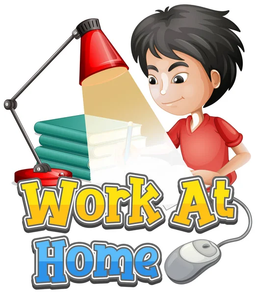 Σχεδιασμός Γραμματοσειράς Για Εργασία Από Σπίτι Αγόρι Εργάζεται Στην Εικονογράφηση — Διανυσματικό Αρχείο