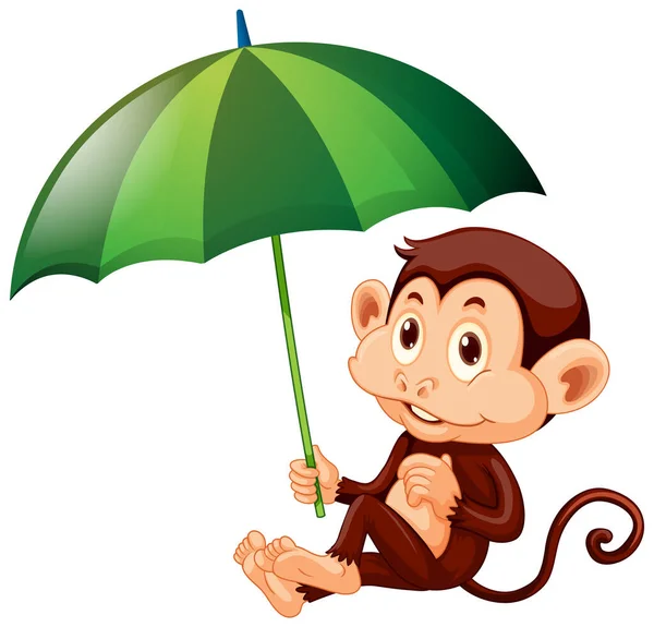 白色背景图上有绿色伞的可爱猴子 — 图库矢量图片