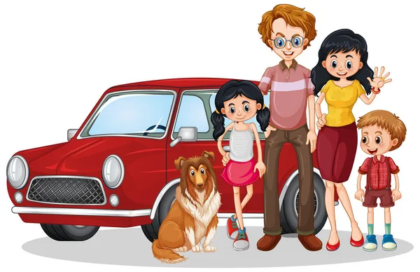 Família Feliz Frente Ilustração Carro —  Vetores de Stock