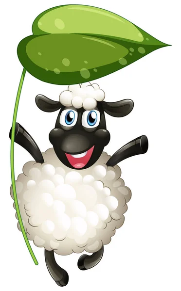 Cute Sheep Holding Green Leaf White Background Illustration — Stock Vector