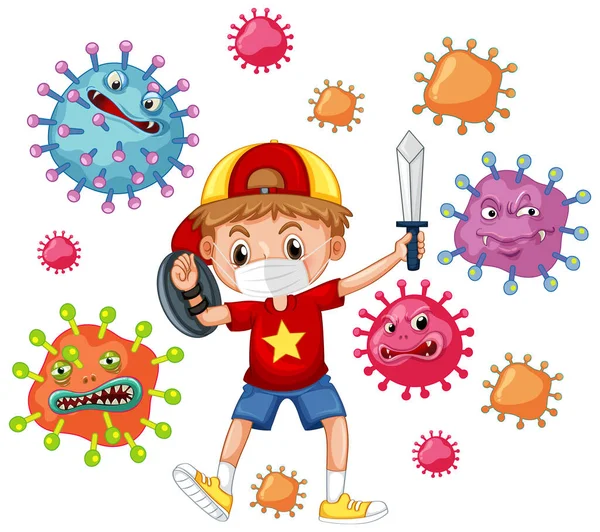 Virüs Resimleriyle Savaşan Çocuk — Stok Vektör