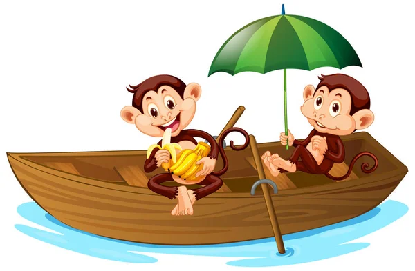 Two Monkeys Rowing Boat White Background Illustration — Stock Vector