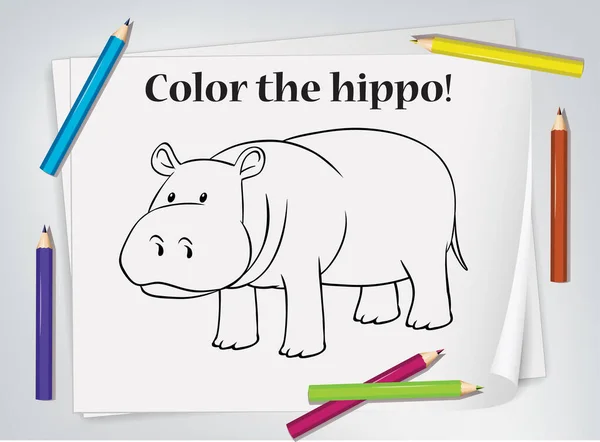 Illustration Feuille Calcul Coloration Hippopotame Enfants — Image vectorielle