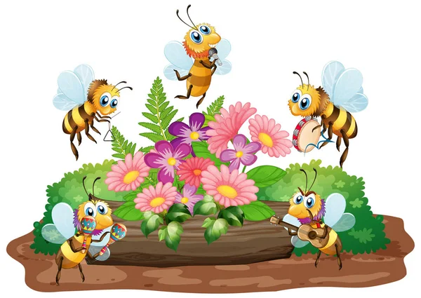 Garten Szene Mit Vielen Bienen Fliegen Auf Weißem Hintergrund Illustration — Stockvektor