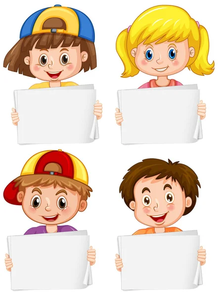 Blank Sign Template Happy Children White Background Illustration — Stock Vector