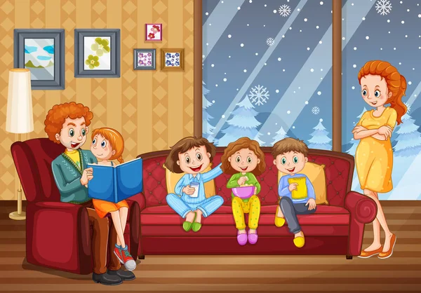 Щаслива Родина Залишається Вдома Під Час Зимової Ілюстрації — стоковий вектор