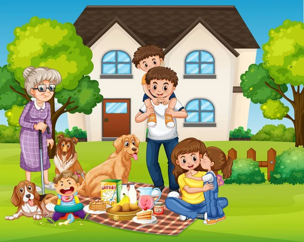 Gelukkige Familie Picknick Het Erf Illustratie — Stockvector