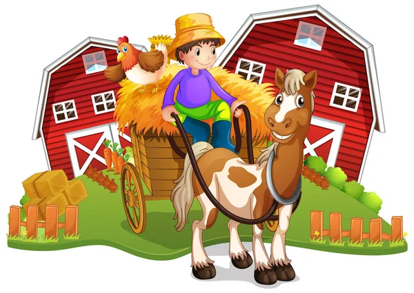 Boy Horse Wagon Illustration — Stock Vector