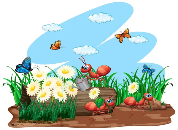 Escena Con Plantas Insectos Jardín Ilustración — Vector de stock