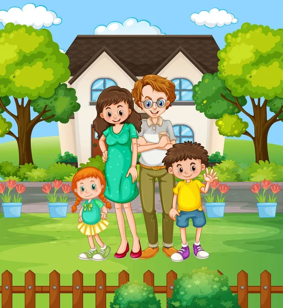 Familia Feliz Ilustración Patio Delantero — Vector de stock