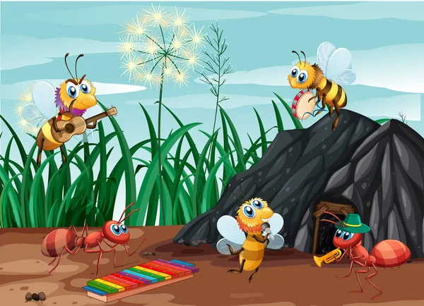Insecte Groupe Musical Jouant Dans Illustration Forêt — Image vectorielle