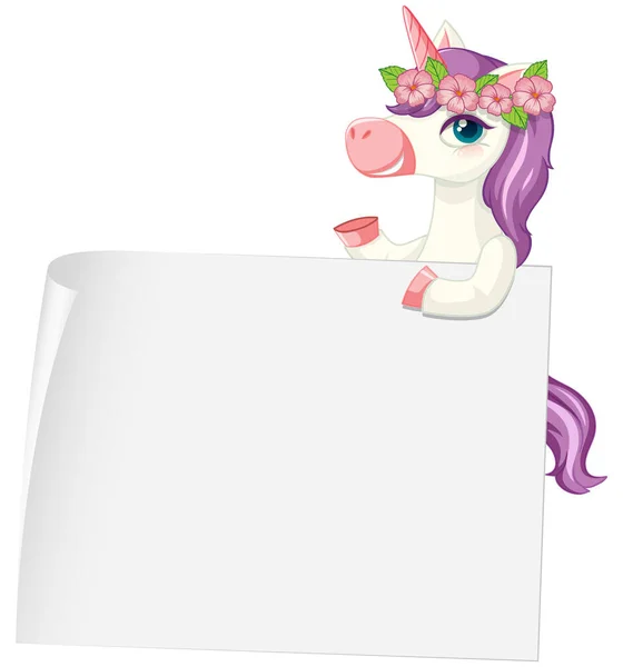 Lindo Unicornio Con Pancarta Blanco Ilustración Fondo Blanco — Vector de stock