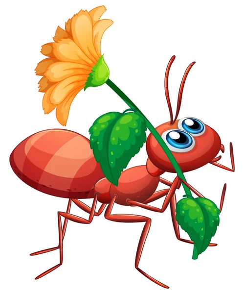 Cute Ant Cartoon Character Holding Yellow Flower White Background Illustration — Stock Vector