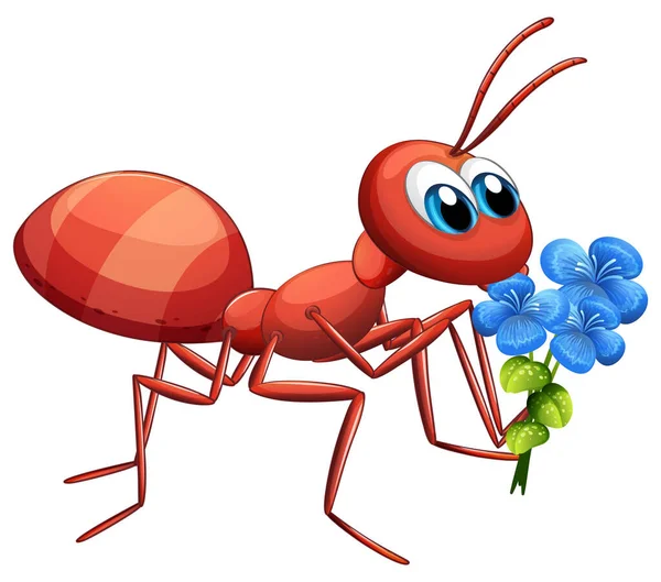 Χαριτωμένο Μυρμήγκι Χαρακτήρα Κινουμένων Σχεδίων Κρατώντας Μπλε Λουλούδι Λευκό Φόντο — Διανυσματικό Αρχείο