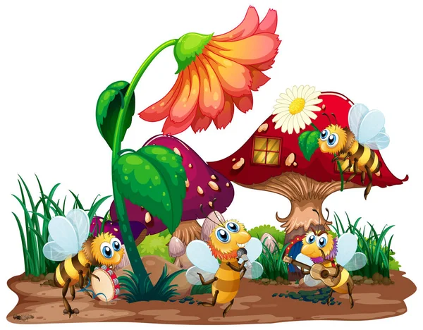 Bee Music Band Playing Front Fairy Houba House Illustration — Stockový vektor