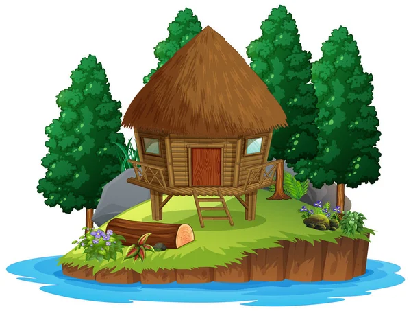 Scene Wooden Hut Forest White Background Illustration — Stock Vector