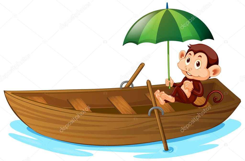 Cute monkey rowing wooden boat on white background illustration