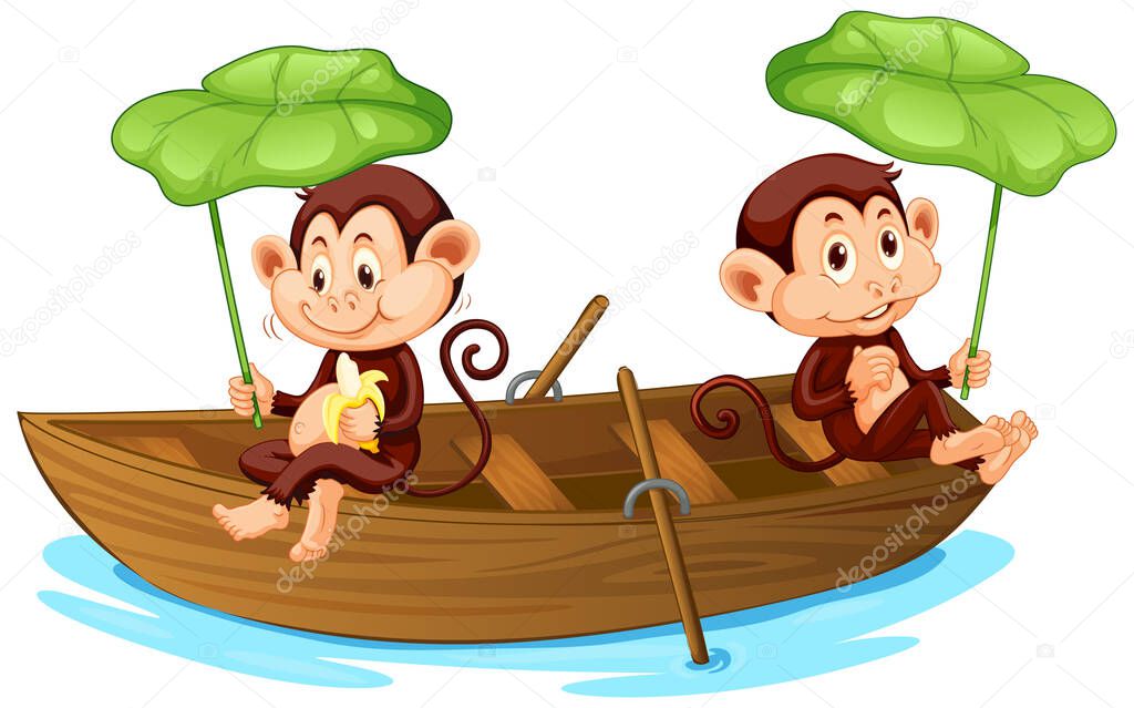 Two monkeys rowing boat in the river illustration