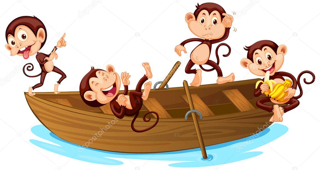 Four monkey playing on the boat  illustration