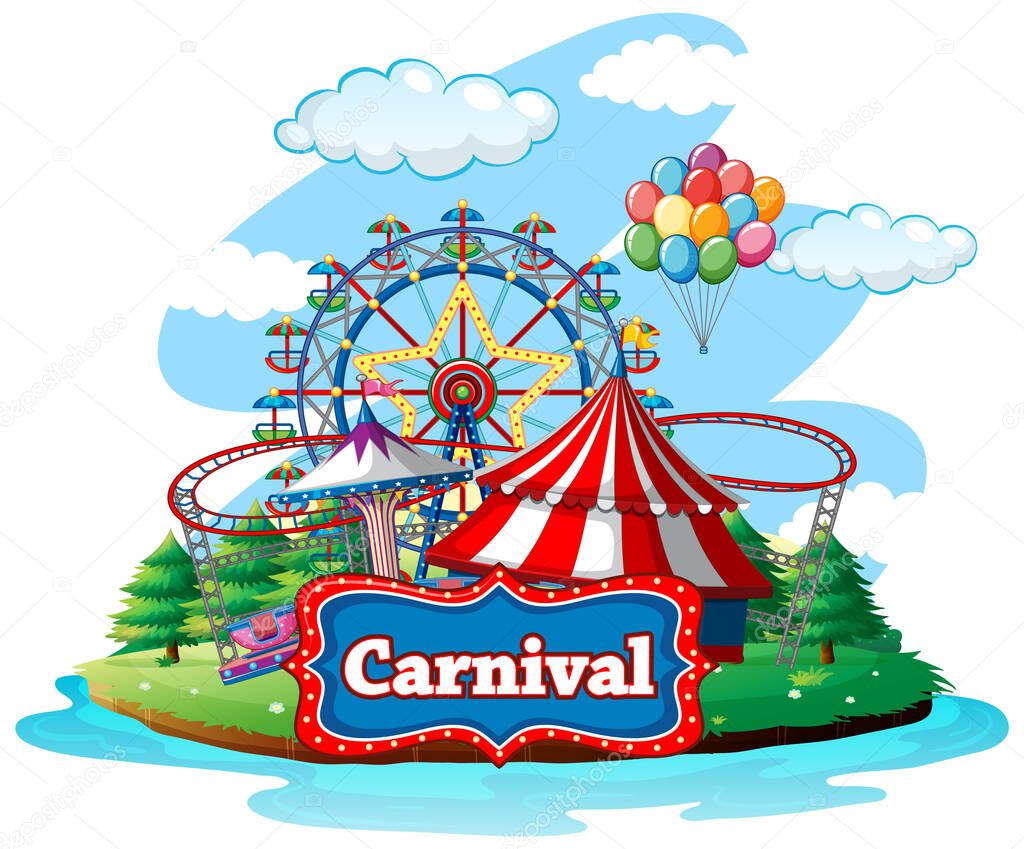 Scene with many rides at carnival on white background illustration