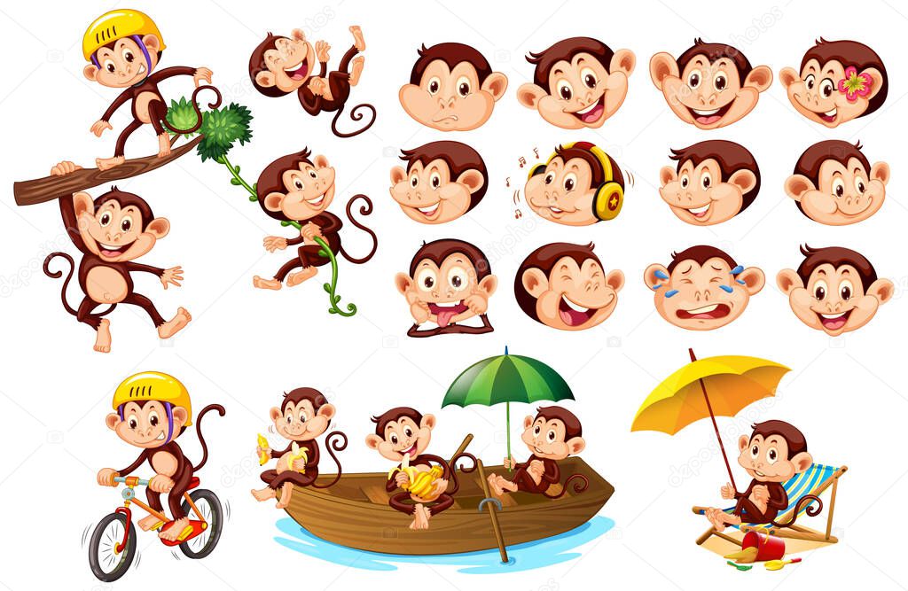 Set of cute monkeys with different facial expressions illustration