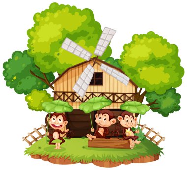 Park illüstrasyonunda üç maymunun olduğu sahne