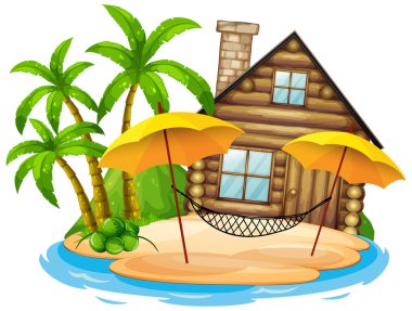 Beyaz arkaplanda ahşap barakalı bir sahne