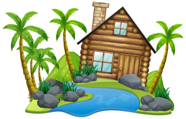 白い背景のイラストで島に木造の家とシーン — ストックベクタ