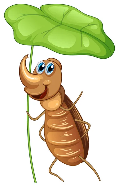 Happy Beetle Holding Big Leaf Illustration — Stock Vector