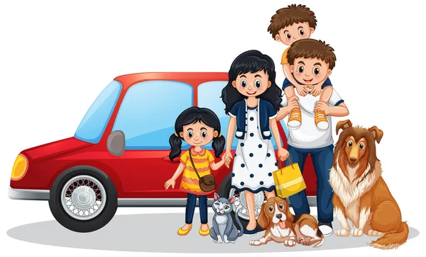 Familia Feliz Delante Ilustración Del Coche — Vector de stock