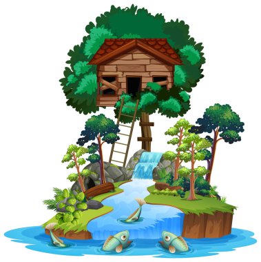 Ada illüstrasyonunda eski ahşap ev