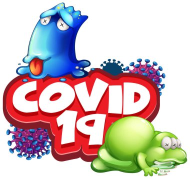 Covid 19 kelimesi için yazı tipi tasarımı ve hasta canavarlar çizimi