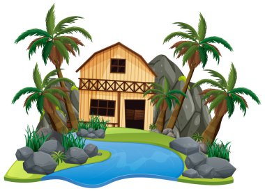 Beyaz arkaplan çiziminde ahşap evle sahne