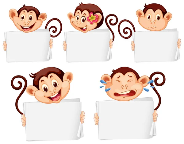Шаблон Порожнього Знаку Щасливими Мавпами Білому Тлі Ілюстрації — стоковий вектор