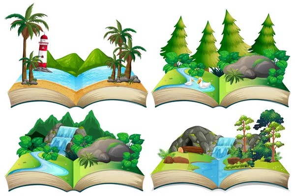 Set Paesaggio Naturale Libro Aperto Illustrazione — Vettoriale Stock
